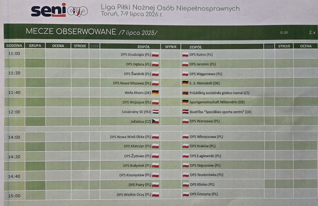 Tablica z harmonogramem meczów obserwowanych podczas turnieju Seni Cup w Toruniu.