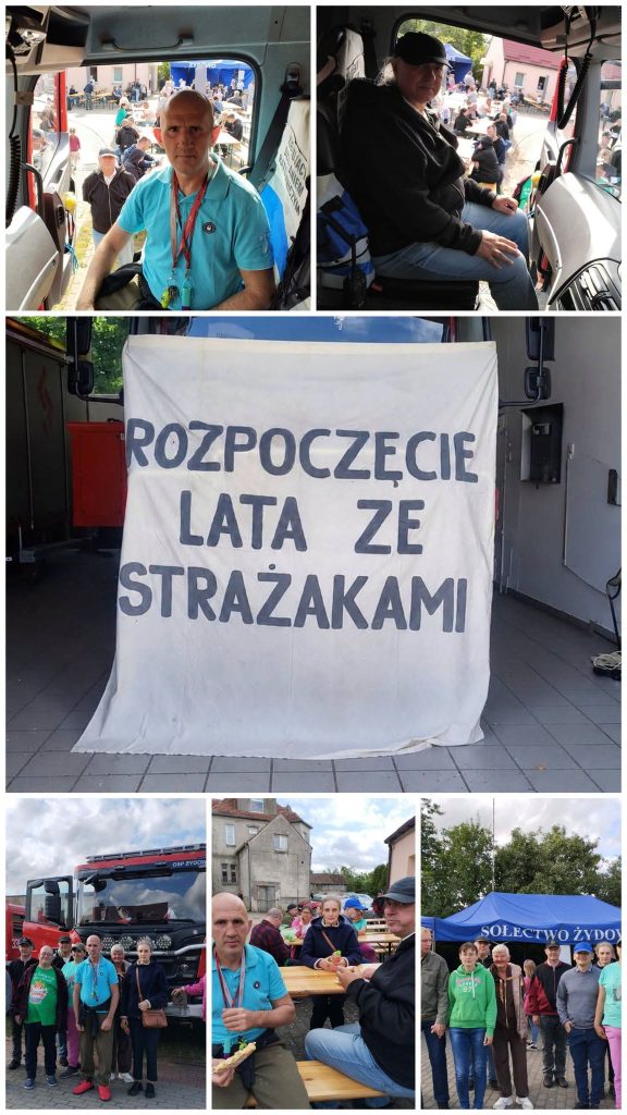 Kolaż zdjęć z wydarzenia „Rozpoczęcie lata ze strażakami” w Żydowie – mieszkańcy DPS zwiedzają wóz strażacki, uczestniczą w spotkaniu plenerowym i pozują do wspólnych zdjęć z uczestnikami wydarzenia.