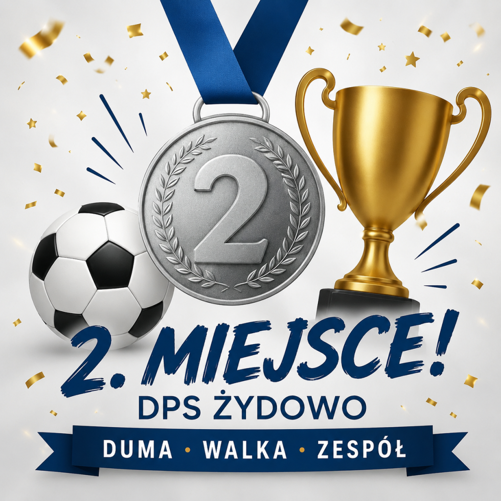 Grafika gratulacyjna dla drużyny DPS Żydowo za zdobycie 2. miejsca w turnieju piłkarskim z motywem piłki, pucharu i srebrnego medalu.